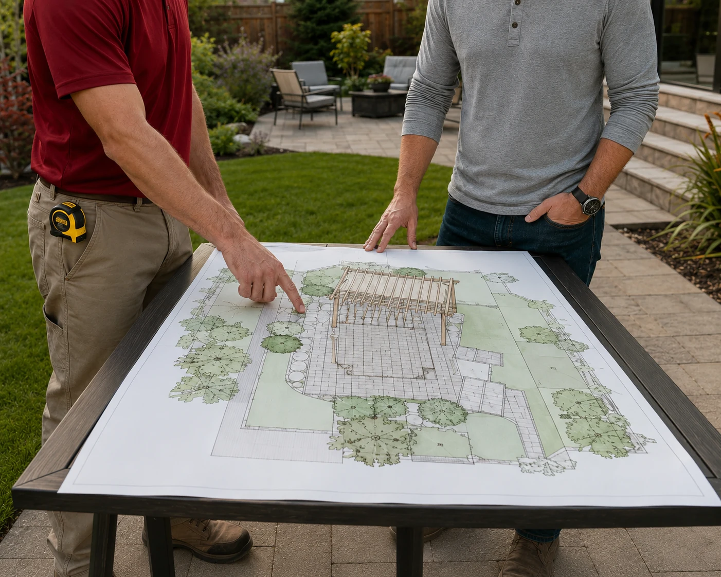 Contractor and homeowner reviewing an outdoor-living plan in the yard