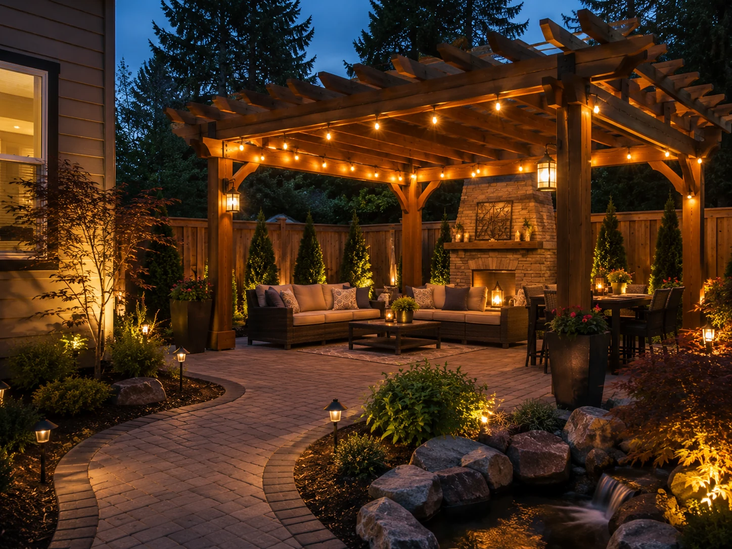 Warm exterior lighting integrated into a pergola or gazebo at dusk