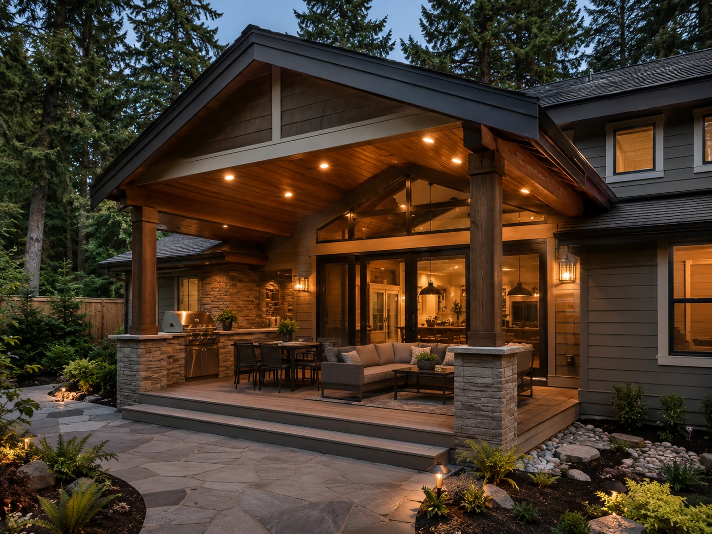 Tasteful covered exterior addition connected to a Pacific Northwest home