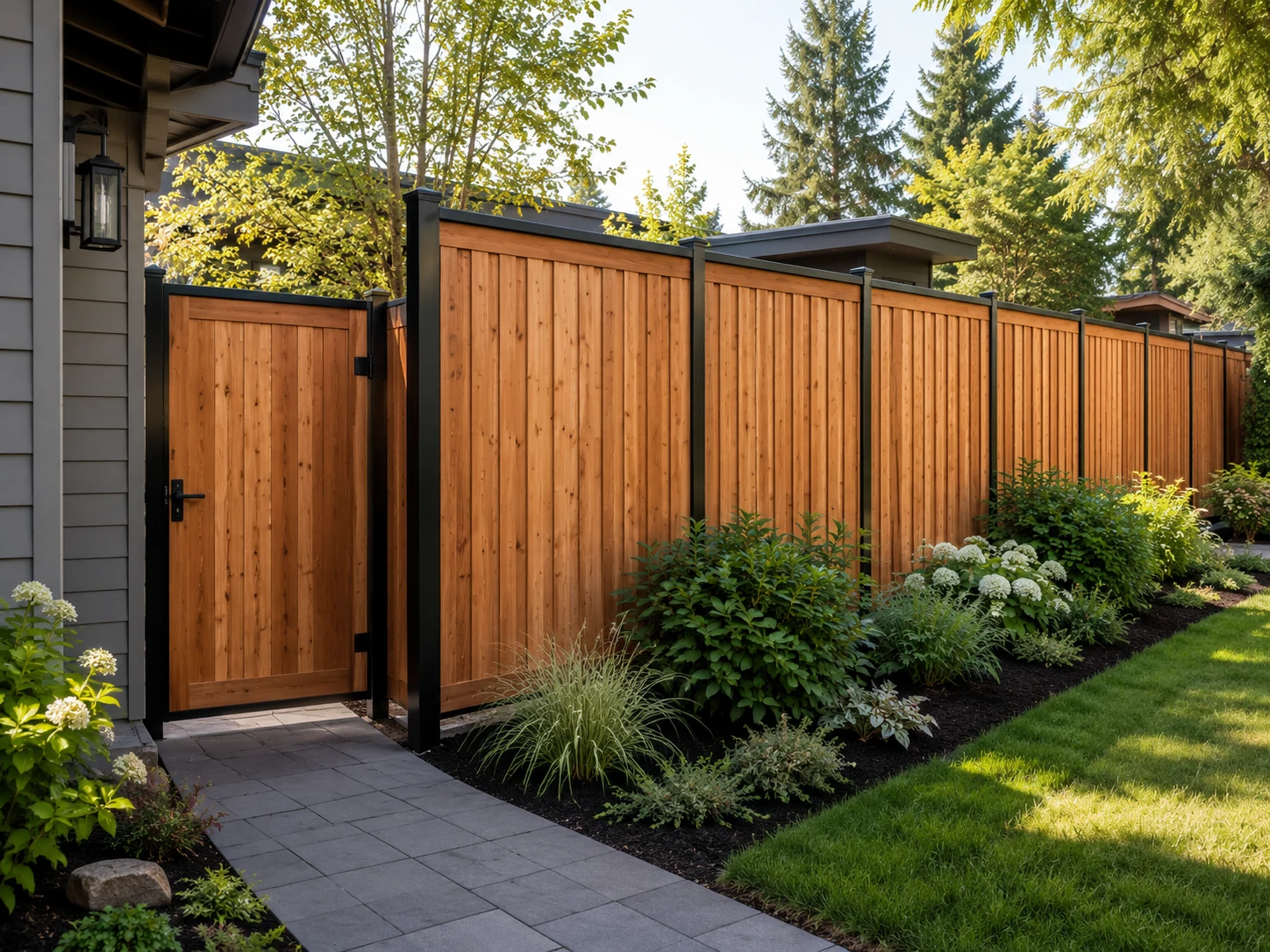Finished residential privacy fence and gate integrated with landscaping