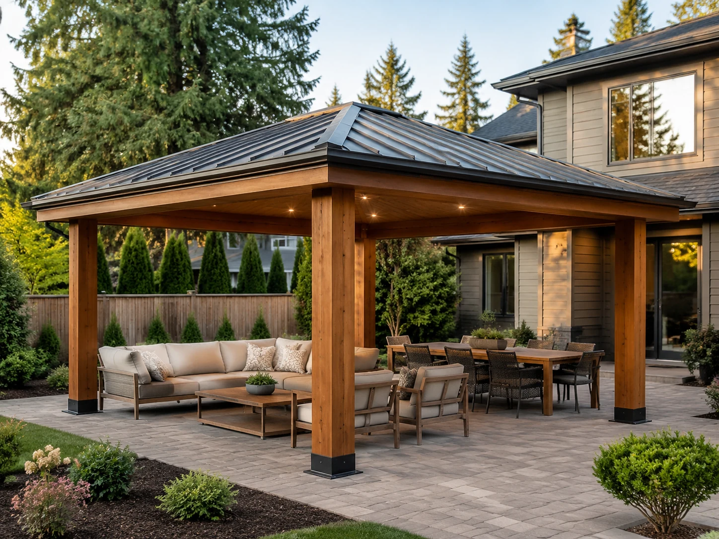 Finished roofed gazebo designed as a backyard gathering space