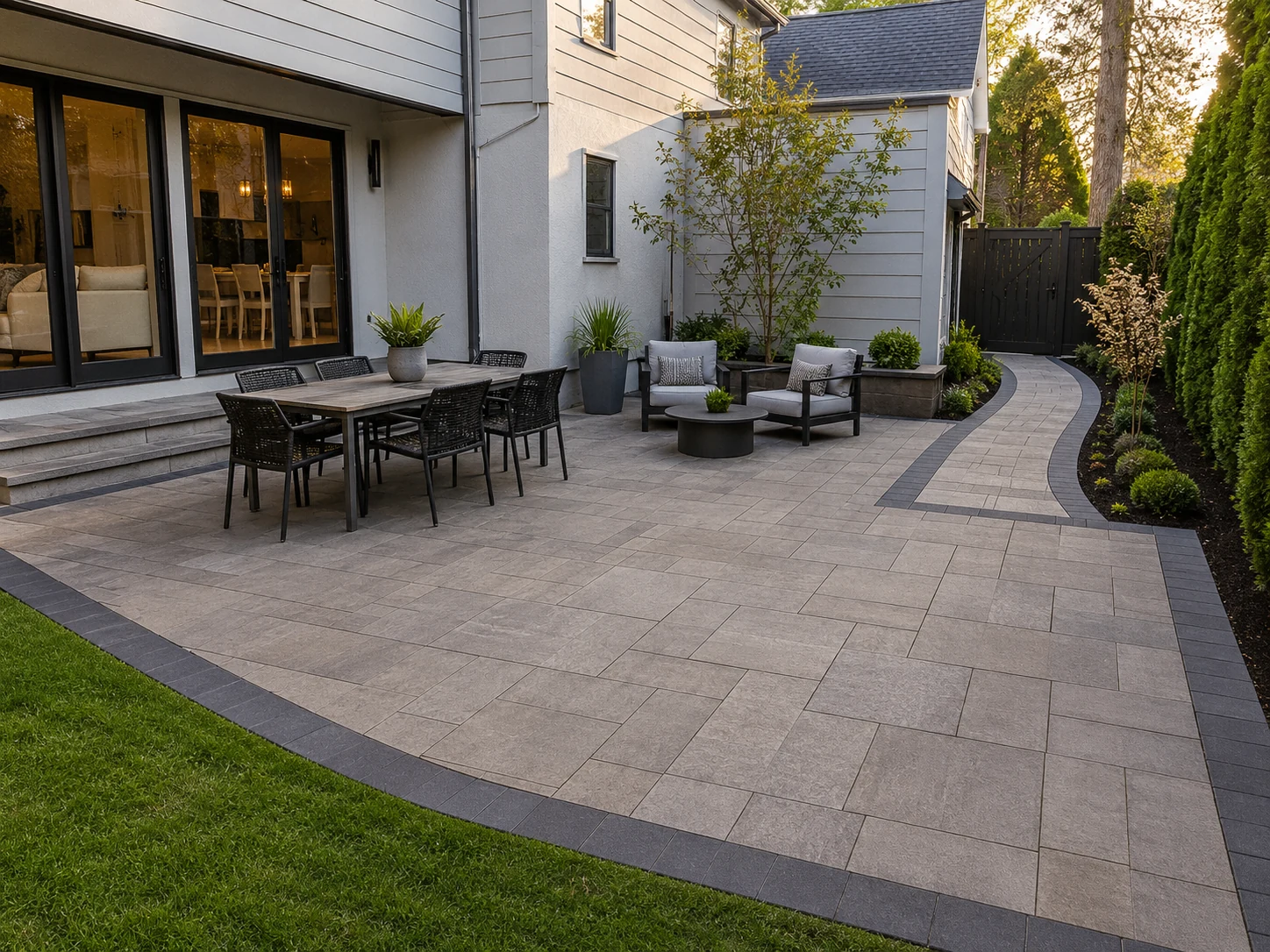 Clean paver patio and walkway with believable grading and joints