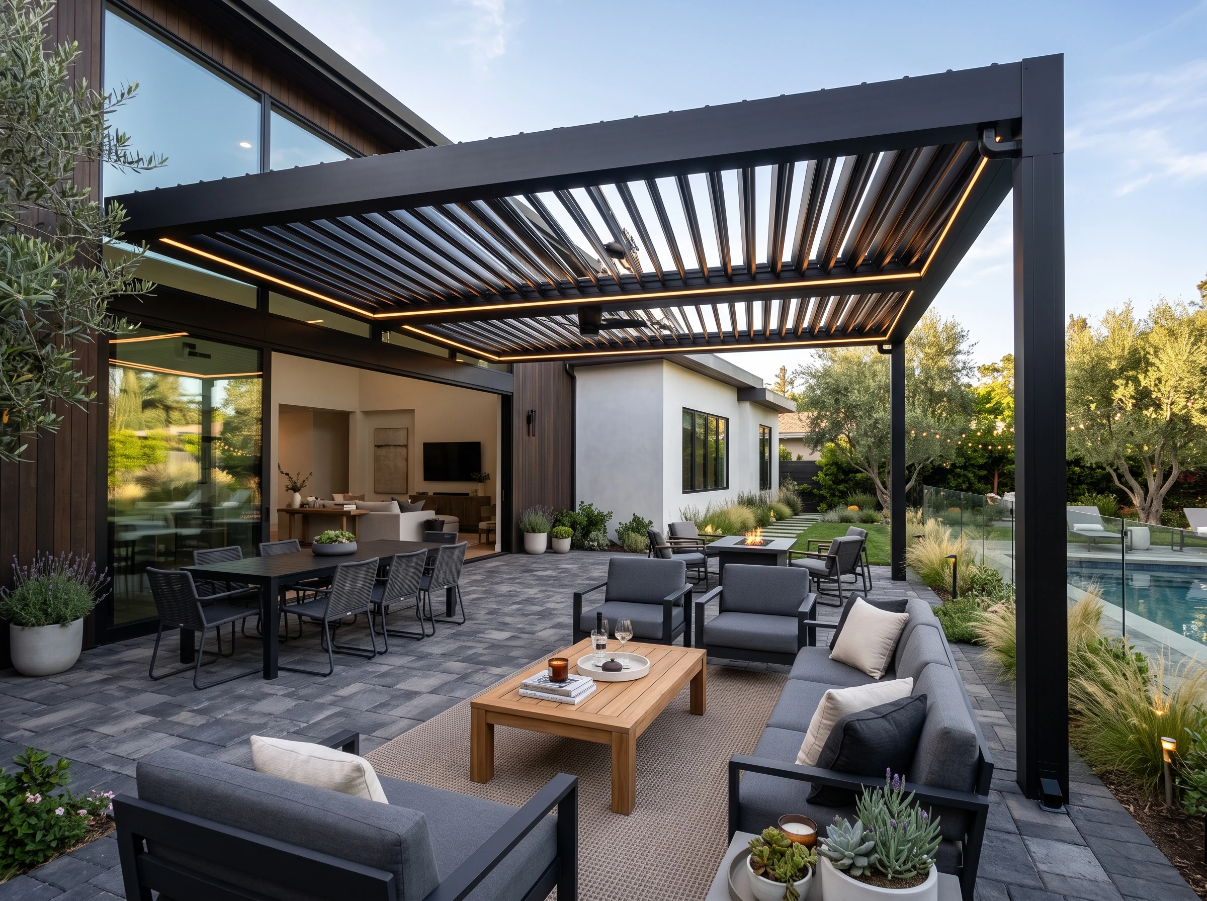 Custom pergola over a furnished residential patio