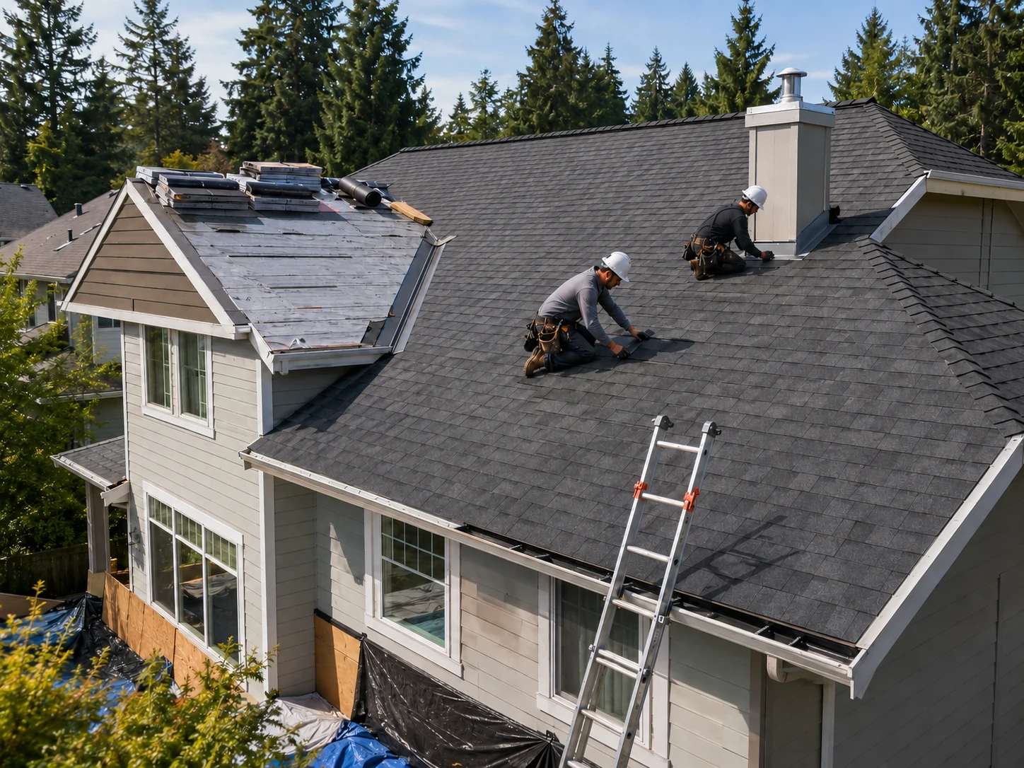 Clean residential roof replacement or roof-detail work with safe practices